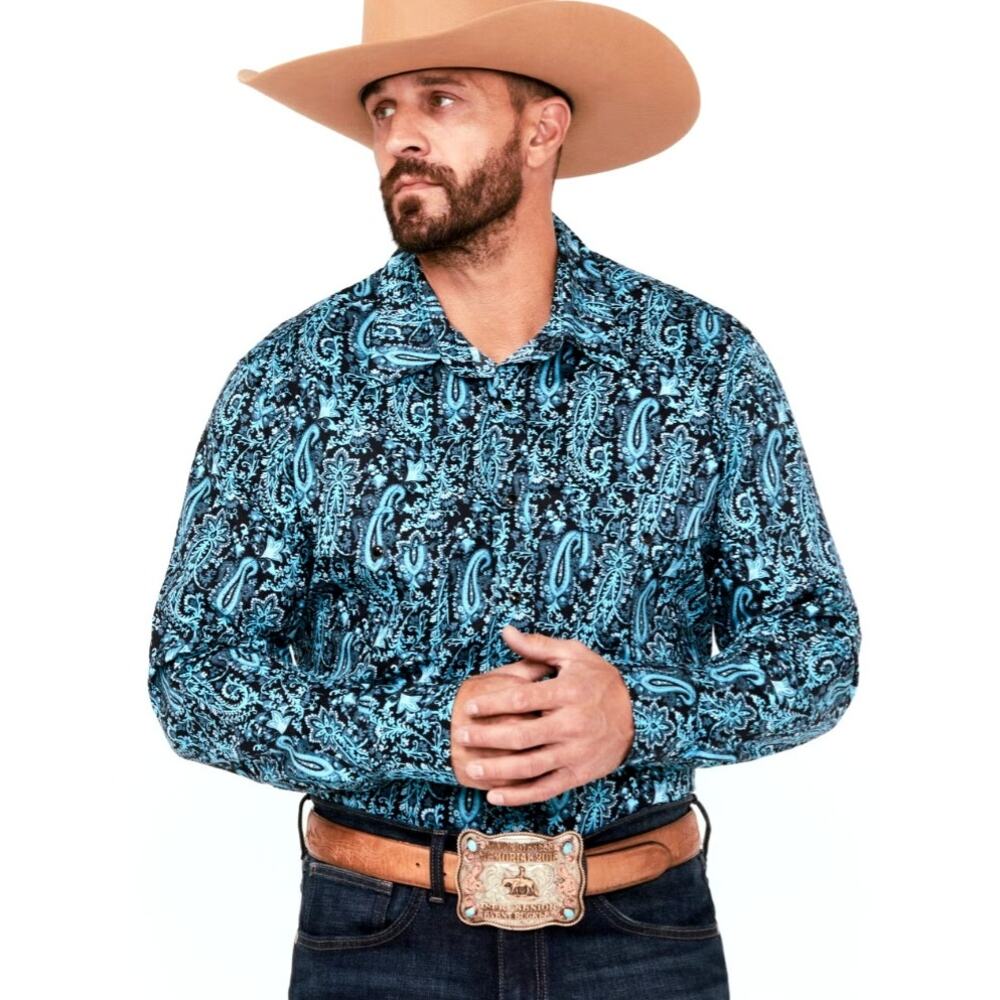 Men Rock & Roll Cowboy Blue Paisley Snap Front Shirt L Rodeo Ranch Church